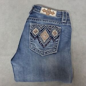 Miss Me Boot Blue Jeans 29x32 Aztec Southwestern Rhinestones Sequins Studs Light